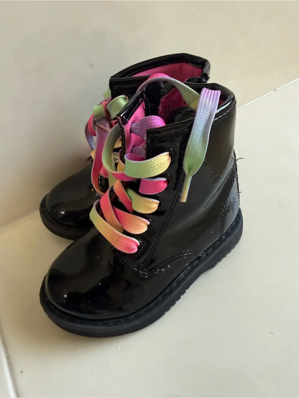 The Children's Place Black Patent Boots with Rainbow Ombre Laces